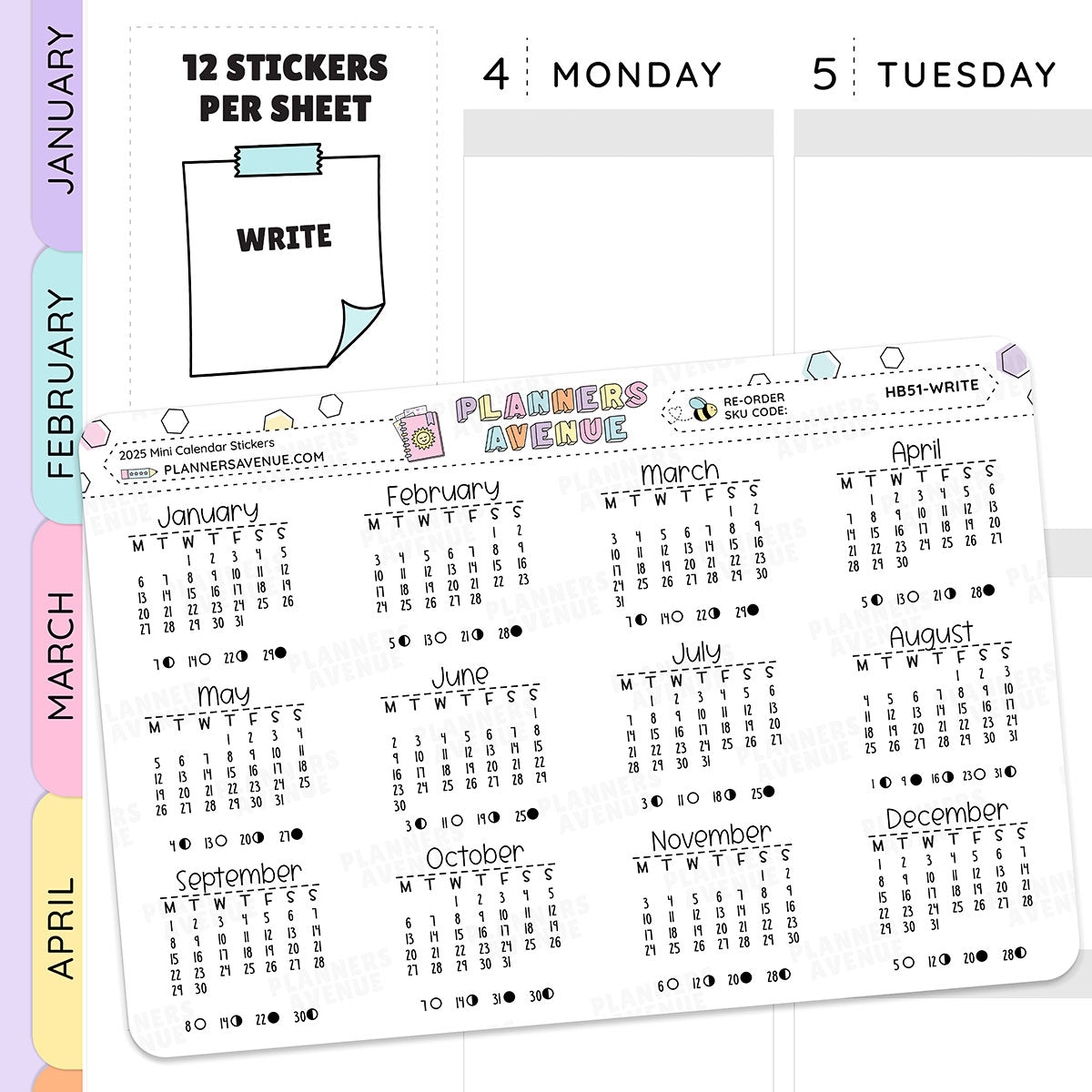 Moon Phase Calendar Month Planner Stickers - 2025