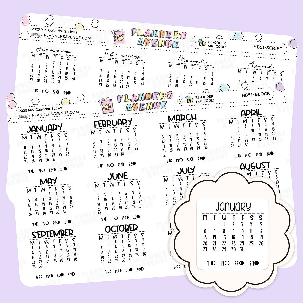 Moon Phase Calendar Month Planner Stickers - 2025