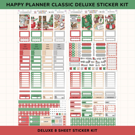 Happy Planner Classic Deluxe Sticker Kit with various christmas planner stickers on a white background.