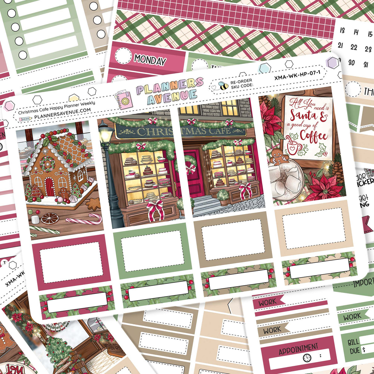 Christmas Cafe Happy Planner Weekly Sticker Kit of Christmas-themed planner stickers with various designs and text.