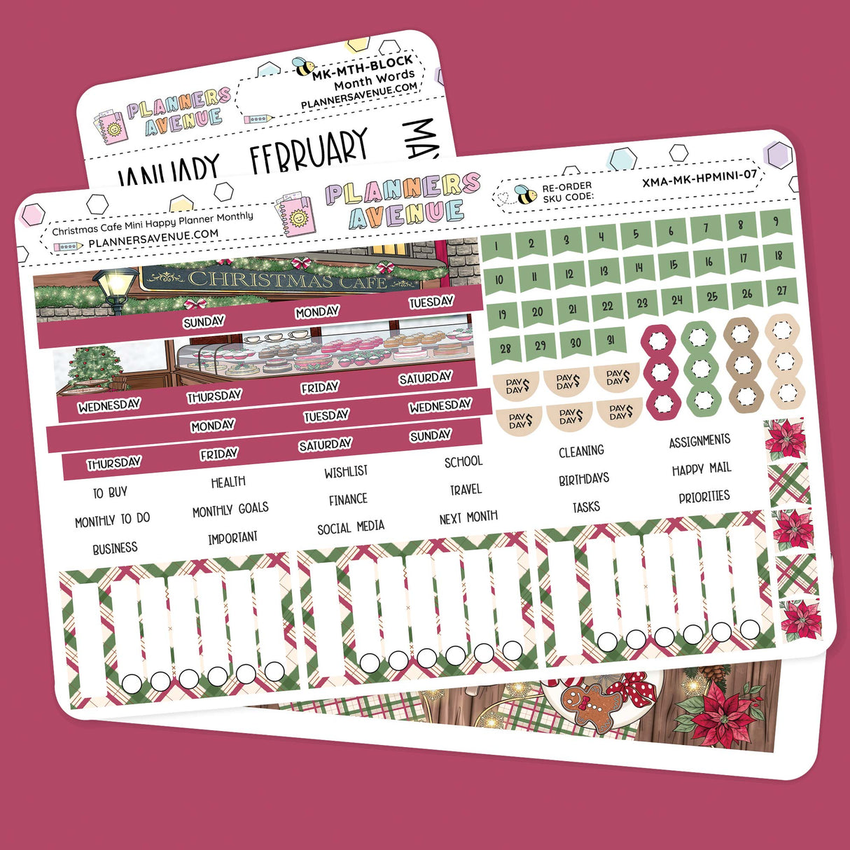 Christmas Cafe Happy Planner MINI Monthly Sticker Kit with festive designs on a pink background