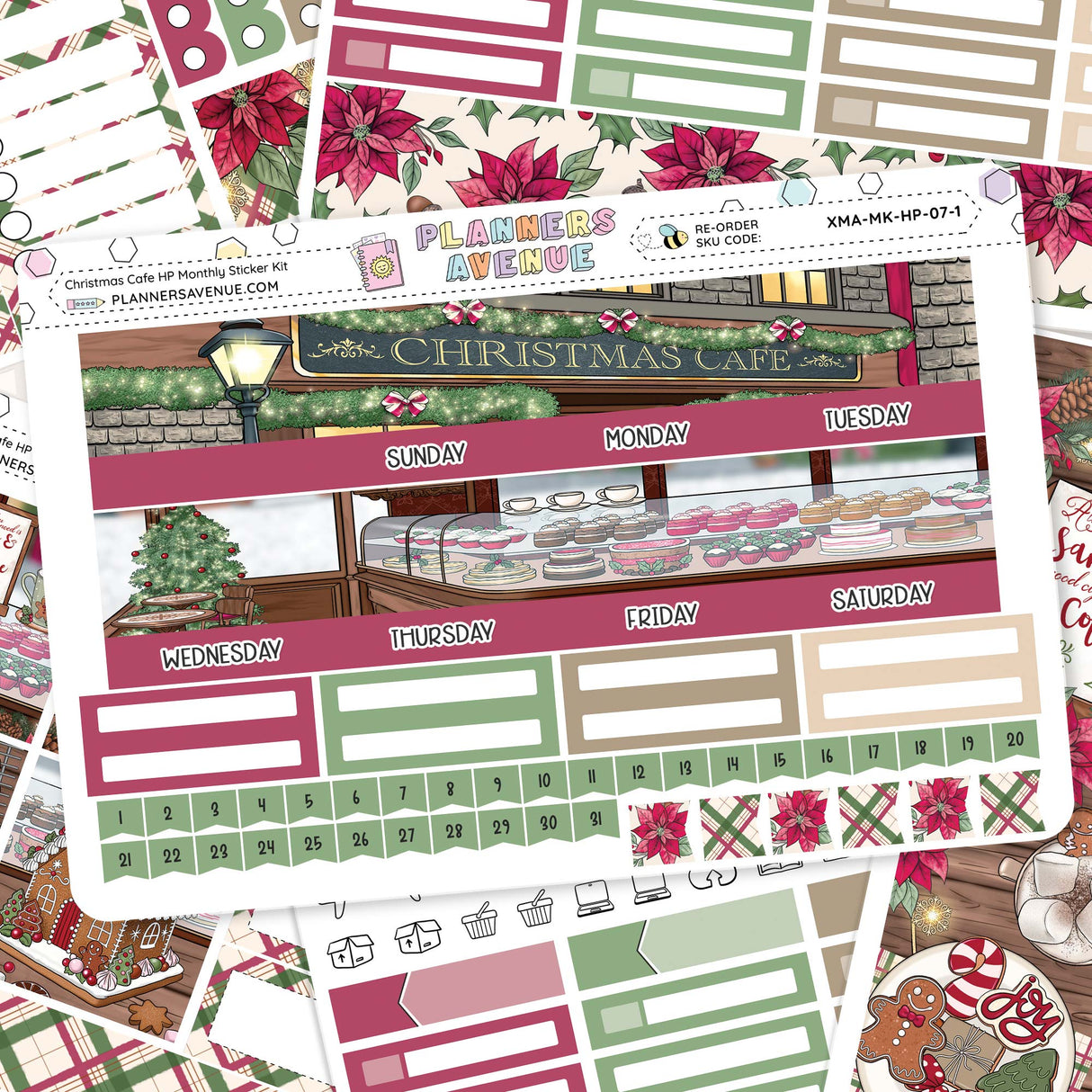 Christmas Cafe Happy Planner Monthly Sticker Kit of Christmas-themed planner stickers with a cafe design on a white background.