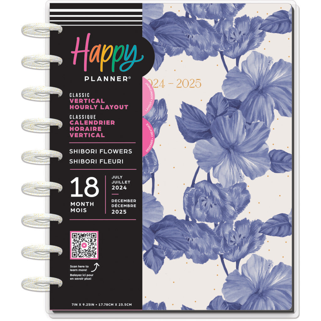 Happy Planner Shibori Flowers Classic | Vertical 18-Months Dated Jul 2024 Dec 2025