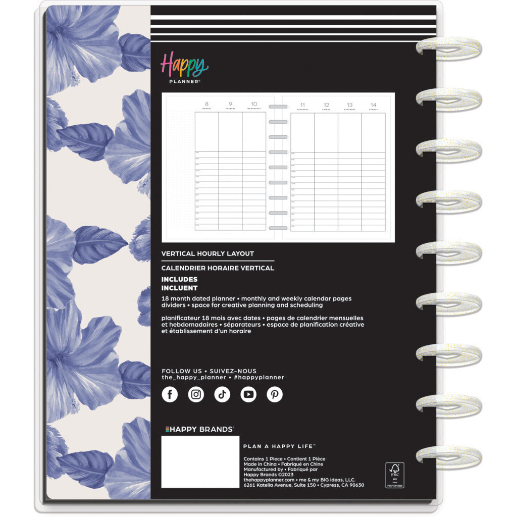 Happy Planner Shibori Flowers Classic | Lined Vertical Hourly 18-Months Dated Jul 2024 Dec 2025