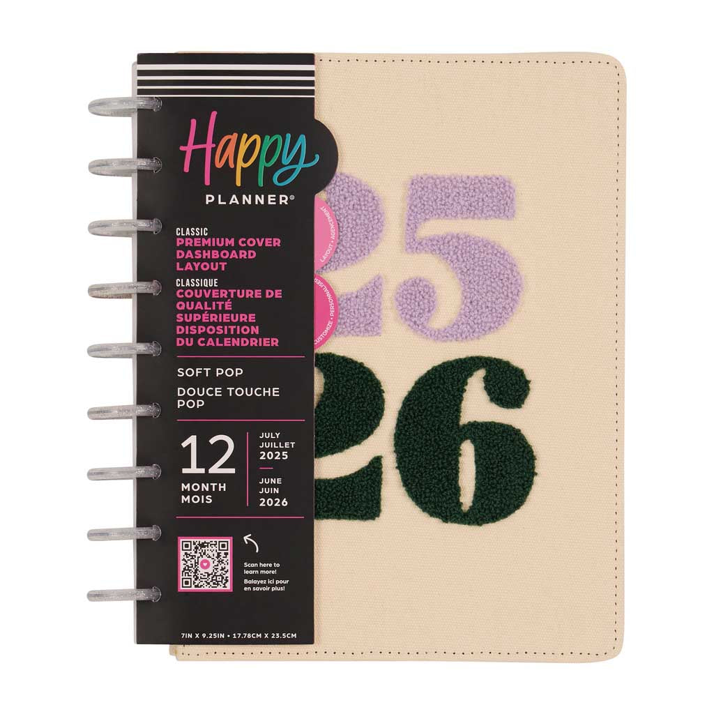 Happy Planner DELUXE Soft Pop Classic 12-Month Dated 2025-2026 - Dashboard Fabric Chenille Embroidery