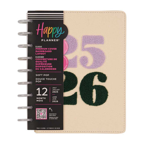 Happy Planner DELUXE Soft Pop Classic 12-Month Dated 2025-2026 - Dashboard Fabric Chenille Embroidery