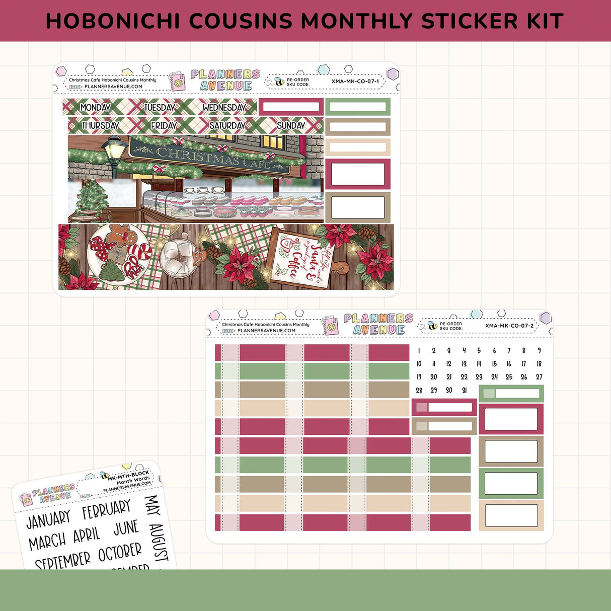 Hobonichi Cousins Monthly Sticker Kit with Christmas-themed designs on a grid background.