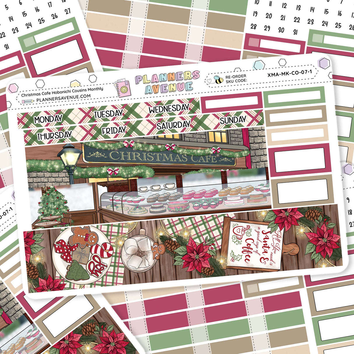 Christmas Cafe Hobonichi Cousins Monthly Planner Sticker Kit Collection of Christmas-themed planner stickers with cafe design