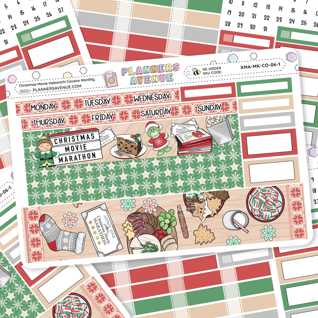 Christmas Movies Hobonichi Cousins Weekly Sticker Kit Collection of Christmas-themed planner stickers with various designs on a white background.