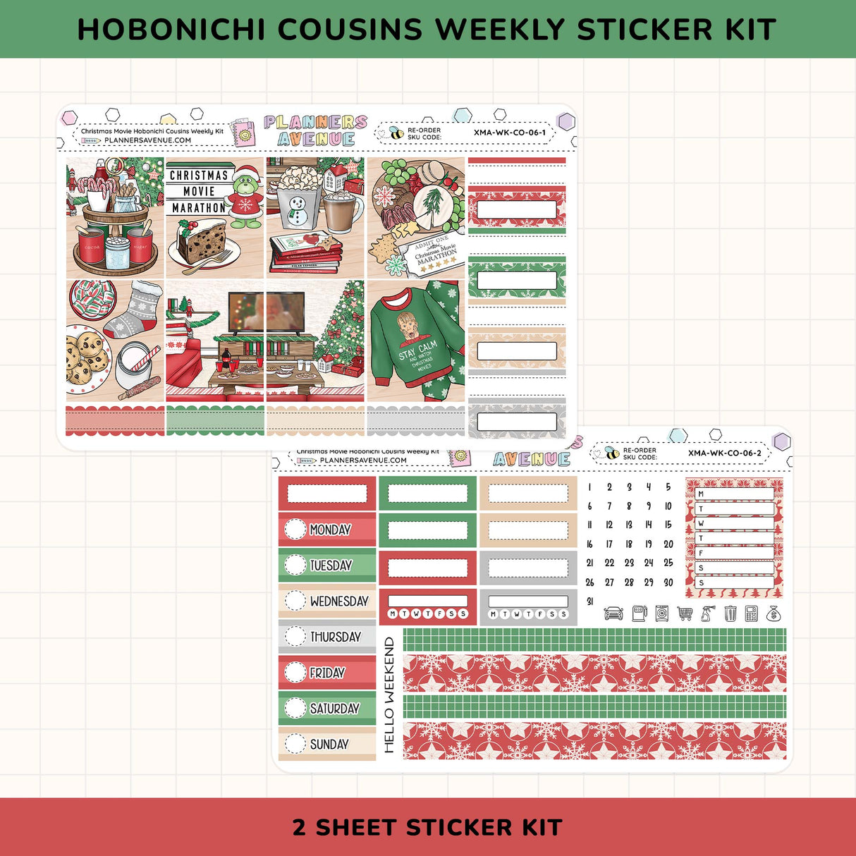 Hobonichi Cousins Weekly Sticker Kit with Christmas theme on a white background
