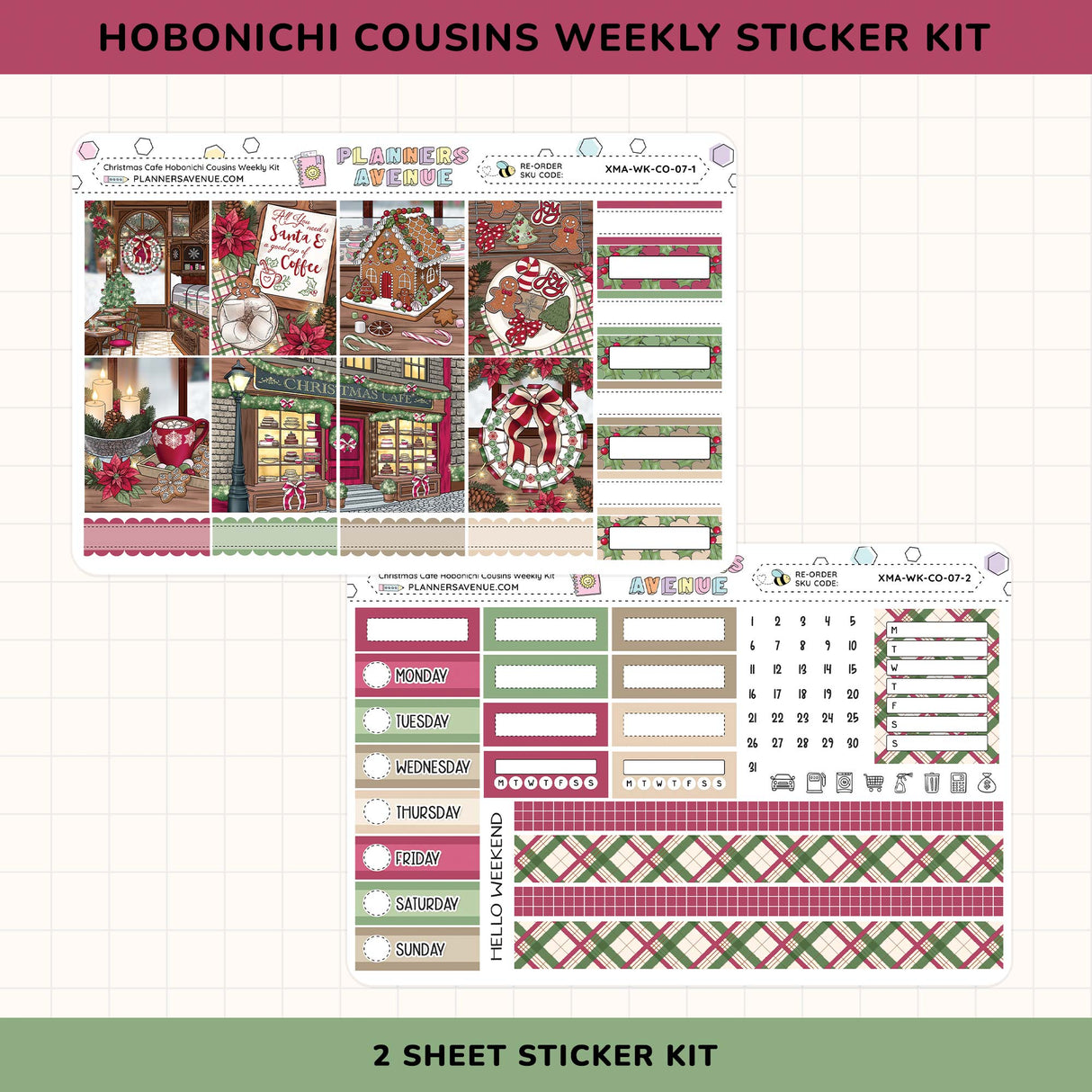 Hobonichi Cousins Weekly Sticker Kit with Christmas theme on a planner layout.