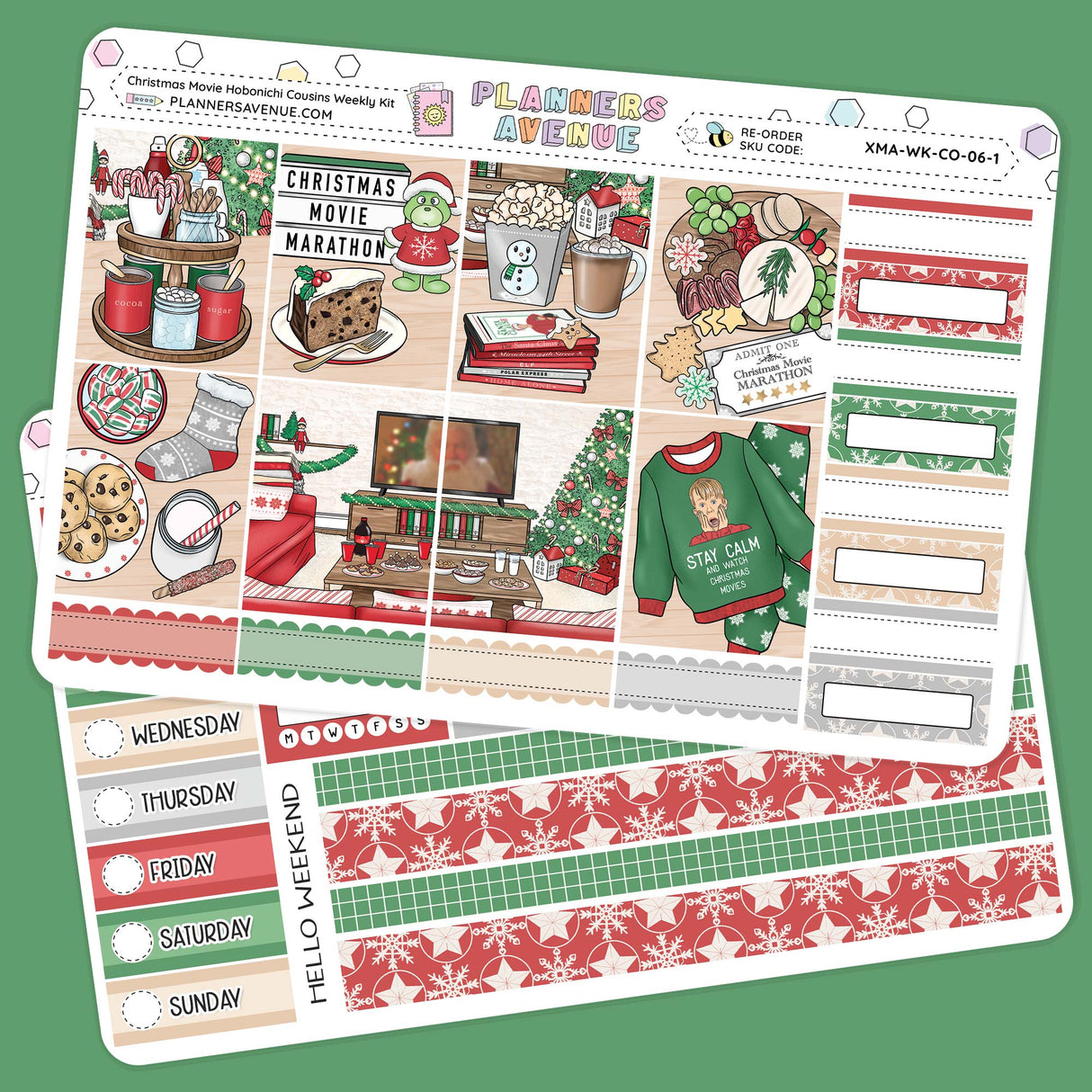 Christmas Movies Hobonichi Cousins Weekly Sticker Kit Collection of Christmas-themed planner stickers on a green background