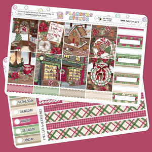 Christmas Cafe Hobonichi Cousins Weekly Sticker Kit Collection of Christmas-themed planner stickers on a pink background