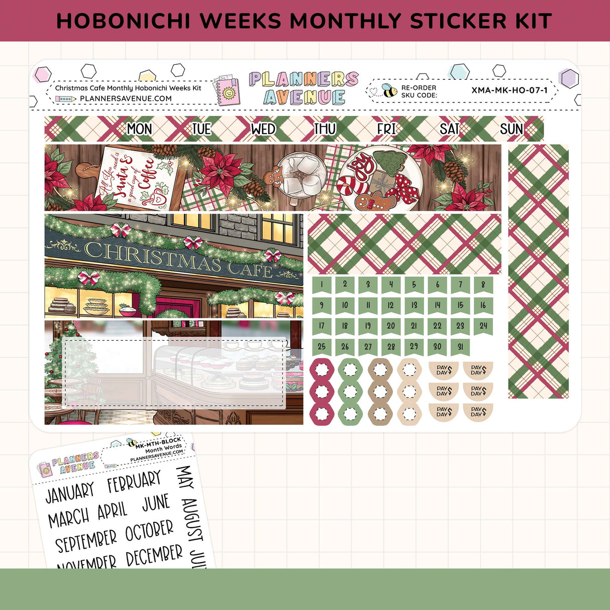 Hobonichi Weeks Monthly Sticker Kit with Christmas-themed designs on a white background.