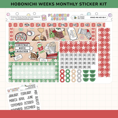 Hobonichi Weeks Monthly Sticker Kit with various festive designs on a white background.