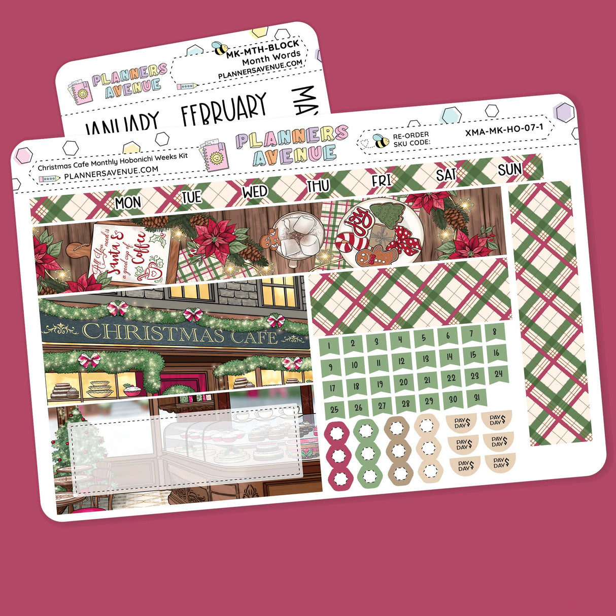 Christmas Cafe Hobonichi Weeks Monthly Sticker Kit Planner stickers with a Christmas Cafe theme on a pink background