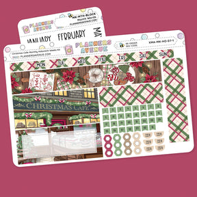 Christmas Cafe Hobonichi Weeks Monthly Sticker Kit Planner stickers with a Christmas Cafe theme on a pink background