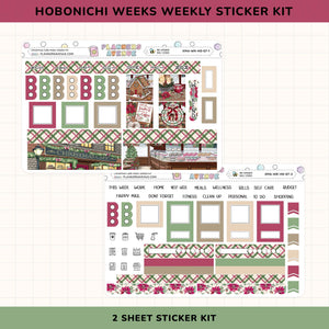 Hobonichi Weeks weekly sticker kit with various decorative elements on a grid background.
