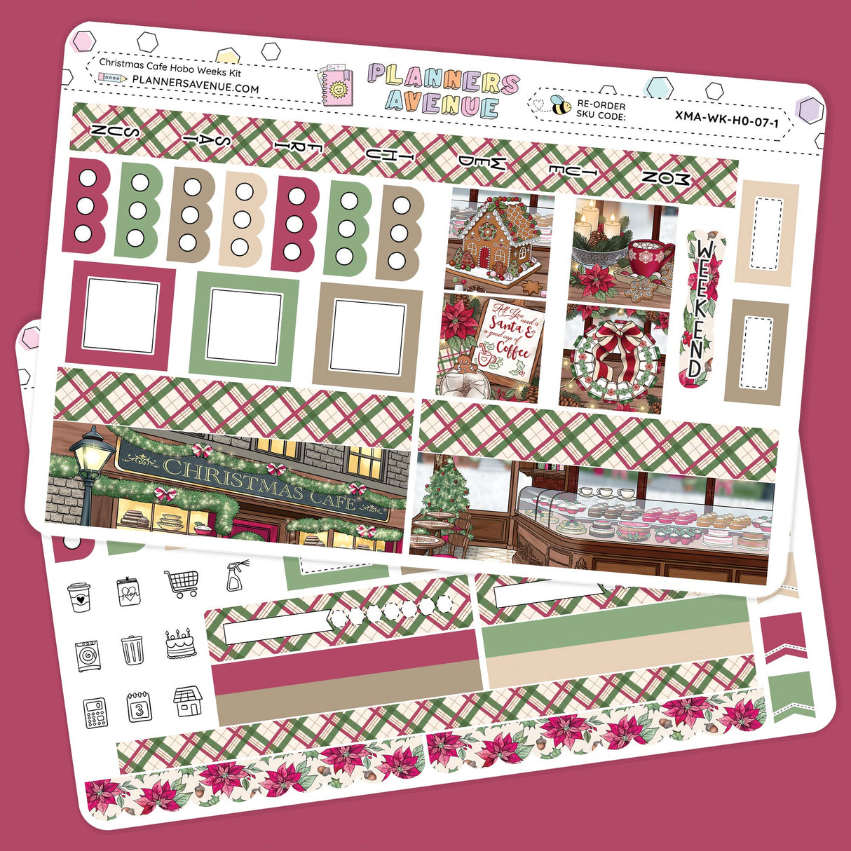 Christmas Cafe Hobonichi Weeks Sticker Kit Sheet of planner stickers with Christmas-themed designs on a pink background