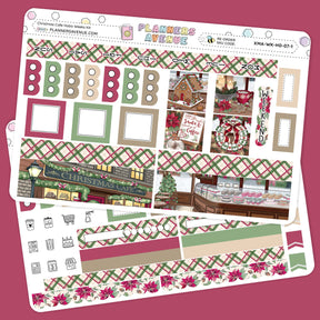 Christmas Cafe Hobonichi Weeks Sticker Kit Sheet of planner stickers with Christmas-themed designs on a pink background