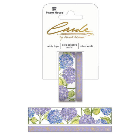 Hydrangea Washi Tape set with a floral design and gold accents. The tape is shown both in use and in its packaging.