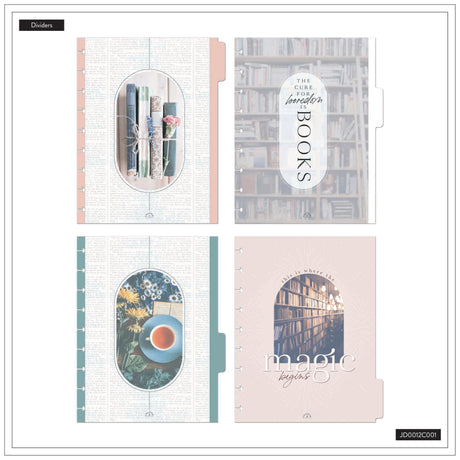 Set of four planner dividers with book-themed designs on a white background.