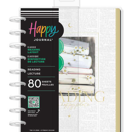 Happy Planner Reading Guided Journal with black cover and white pages, showing 'Reading' layout.