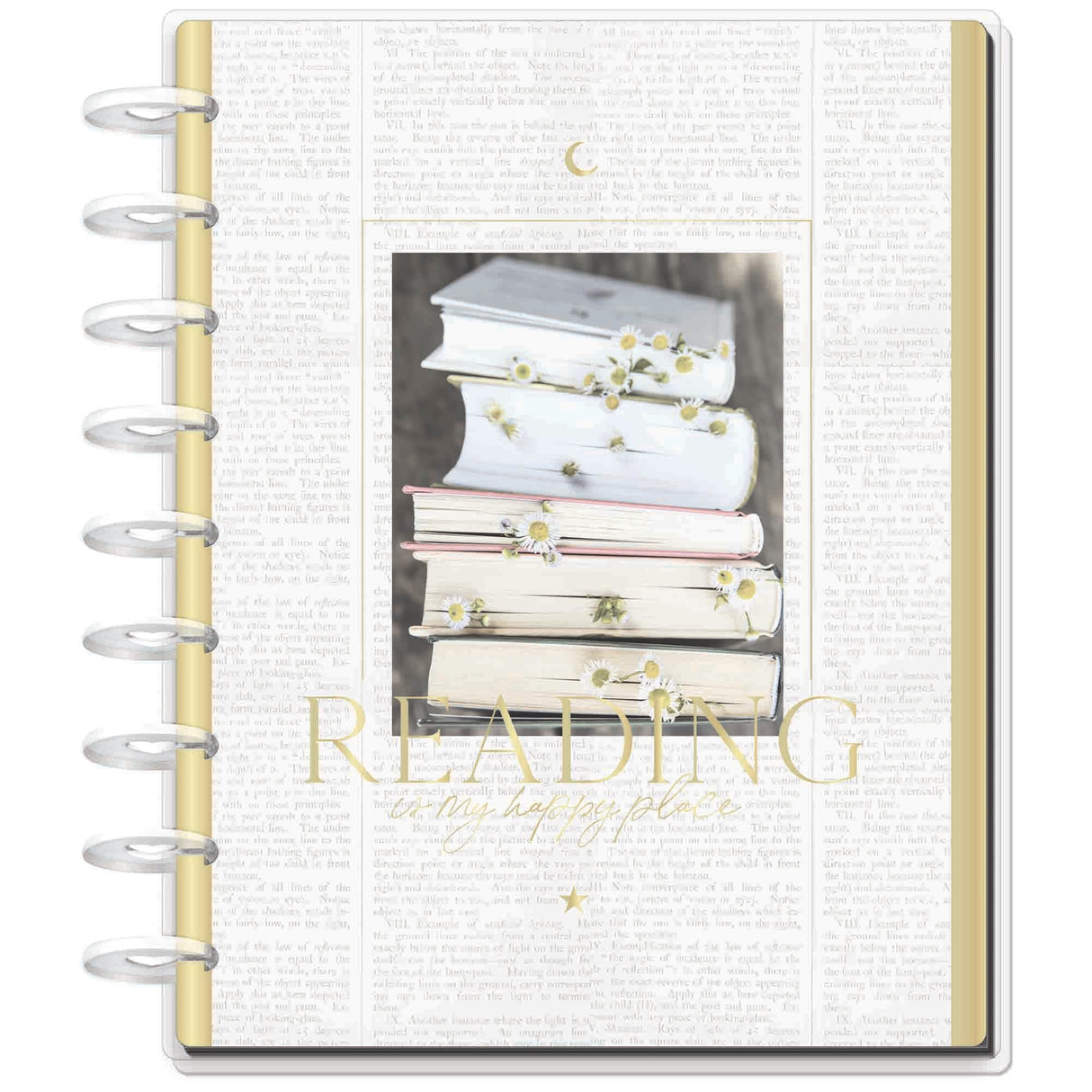 Reading journal cover with stack of books and 'Reading is the best thing' text on a white background