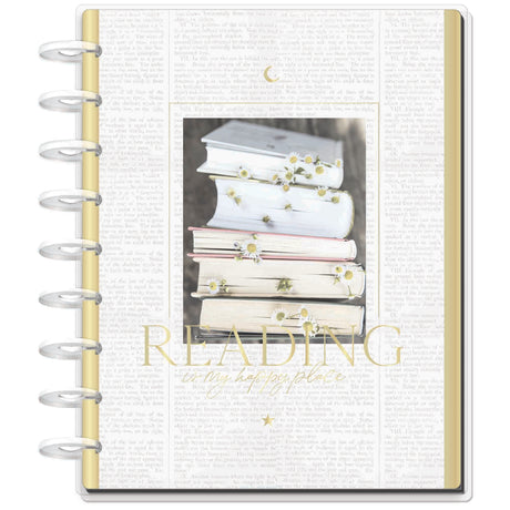 Reading journal cover with stack of books and 'Reading is the best thing' text on a white background