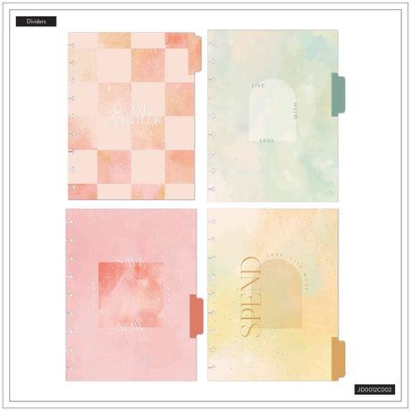 Happy Planner Textured Canvas Budget Guided Journal, colourful dividers with watercolour designs and text.