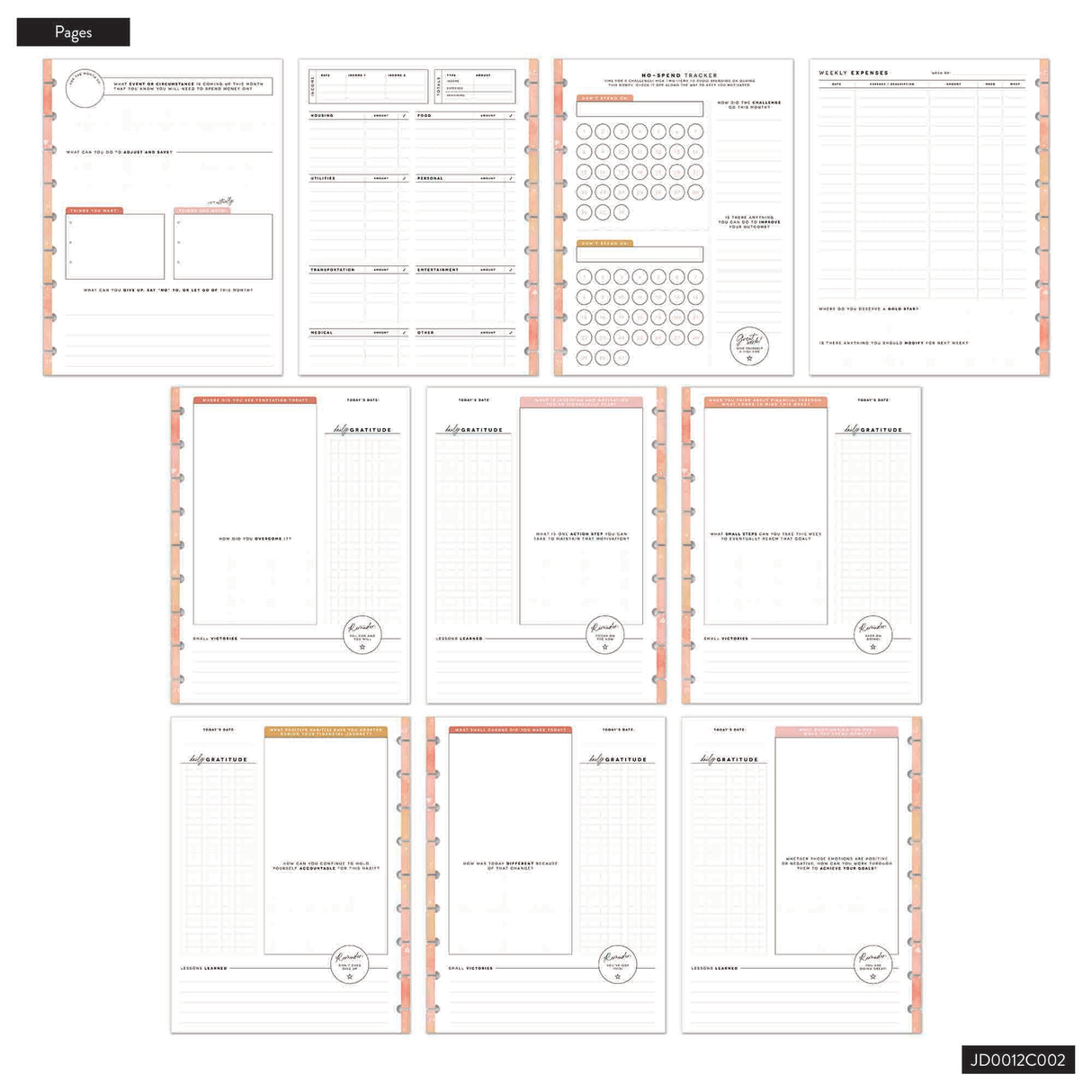 Collection of budgeting planner pages and budget challenges on a white background.