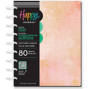 Happy Planner Textured Canvas Budget Guided Journal with colourful design on cover and spine
