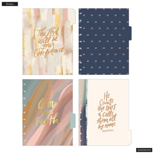 Happy Planner Watercolour Grace Faith Guided Journal dividers with motivational phrases and designs.
