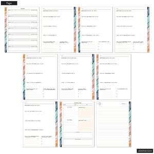 Happy Planner Watercolour Grace Faith Guided Journal pages with colourful borders on a white background