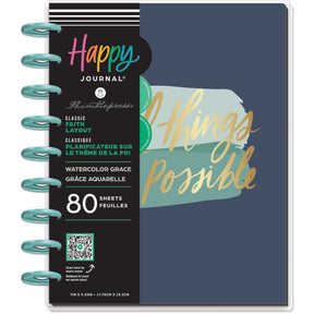 Happy Planner Watercolour Grace Faith Guided Journal with '8 Things Possible' text on a blue cover