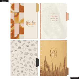 Happy Planner Meal Recipe Keeper Journal four dividers with different designs and text on a white background