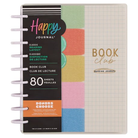 Happy Planner Book Club Reading Journal with colourful tabs and grid pages on a white background