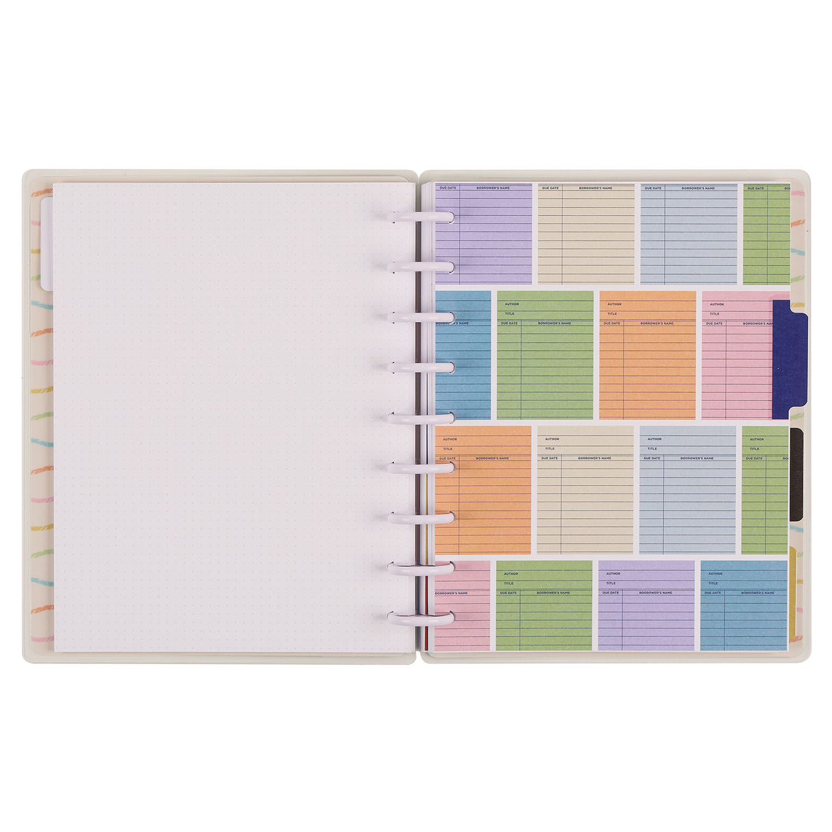 Happy Planner Book Club Reading Journal with colourful tabbed pages on a white background