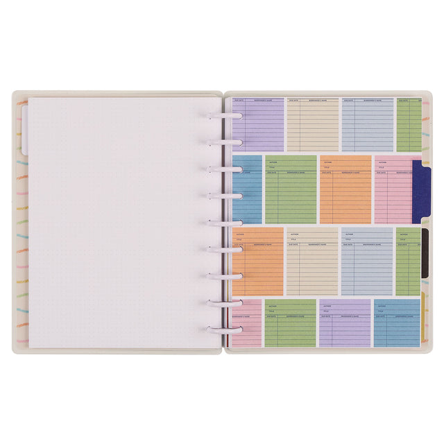 Happy Planner Book Club Reading Journal with colourful tabbed pages on a white background