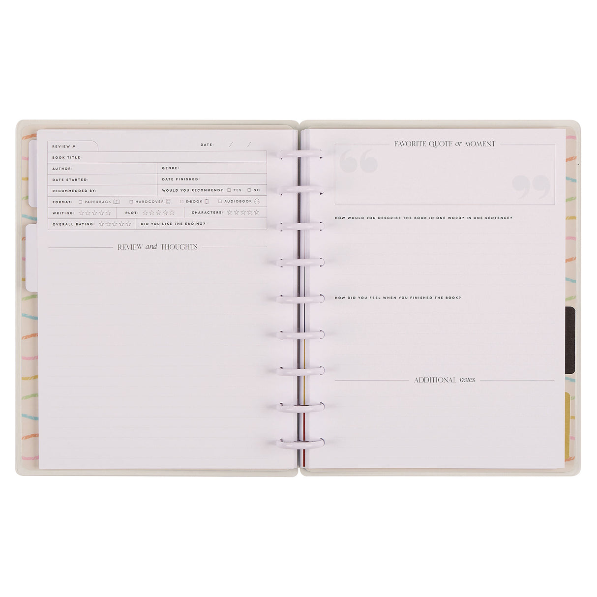 Happy Planner Book Club Reading Journal with lined pages on a white background