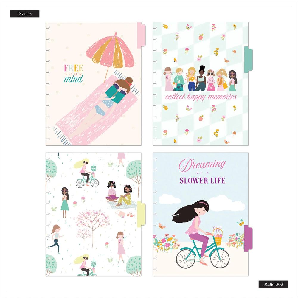 Four pastel-colored planner dividers with whimsical illustrations and text, arranged in a 2x2 grid on a white background.