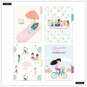 Four pastel-colored planner dividers with whimsical illustrations and text, arranged in a 2x2 grid on a white background.