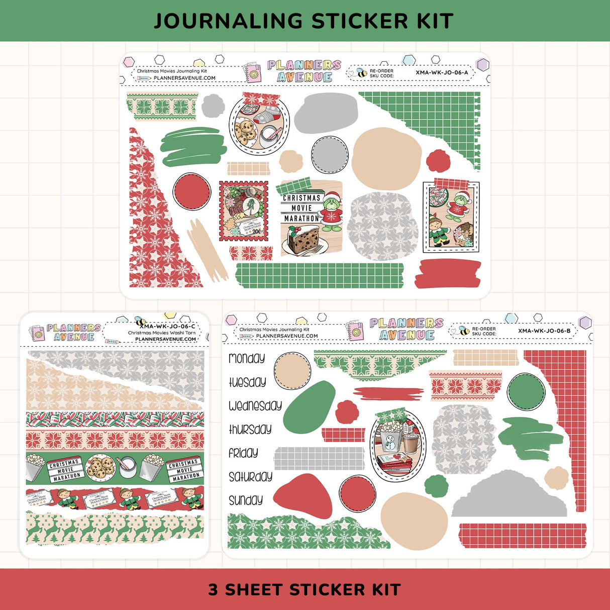 Journaling sticker kit with various festive designs on a white background
