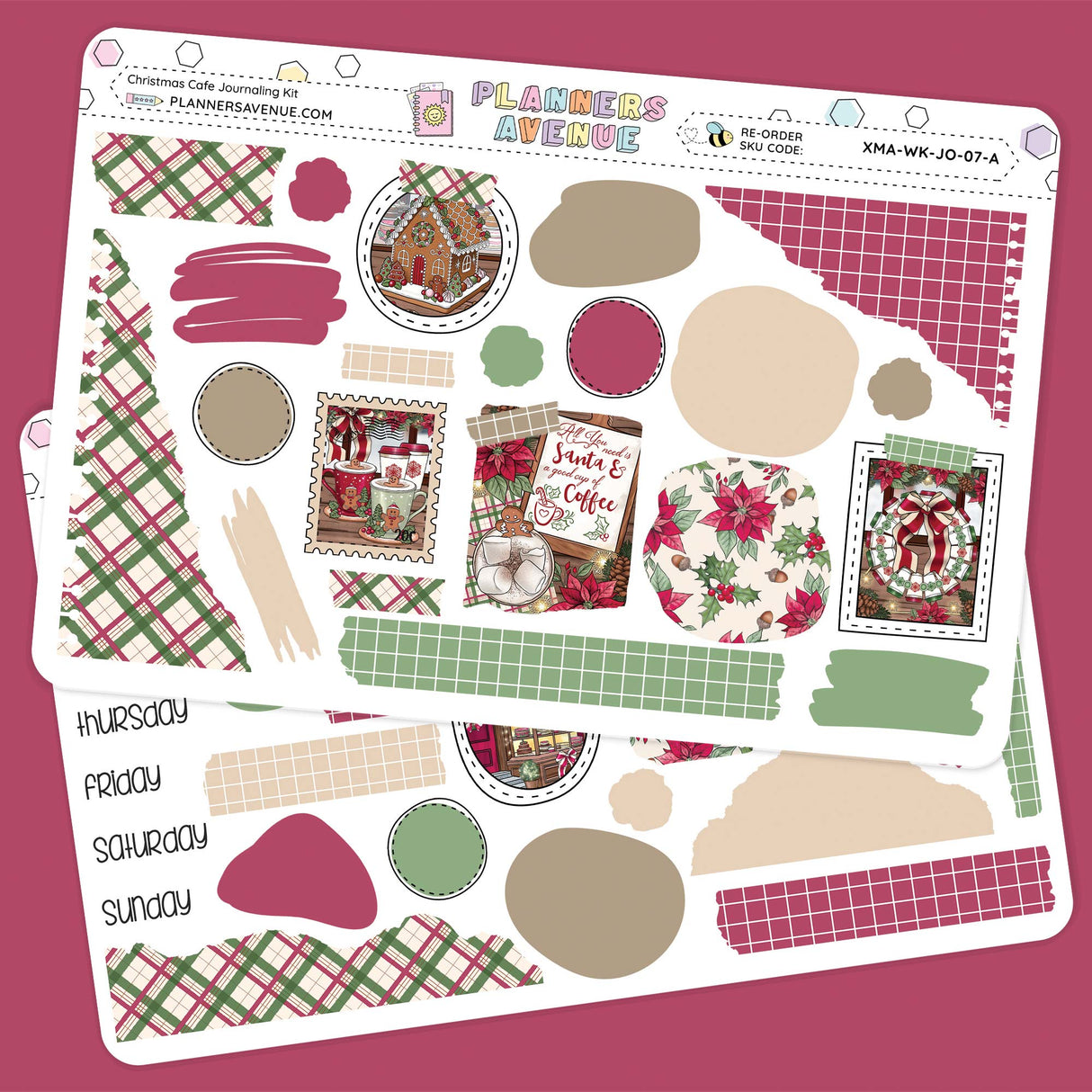 Christmas Cafe Journaling Sticker Kit of layering stickers with various designs on a pink background