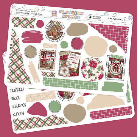 Christmas Cafe Journaling Sticker Kit of layering stickers with various designs on a pink background
