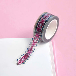 Kiss & Tell Washi Tape with pink and blue pattern on a pink background