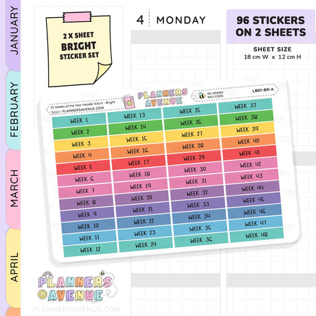 52 Weeks of Year Header Planner Stickers (Set of 2 sheets)
