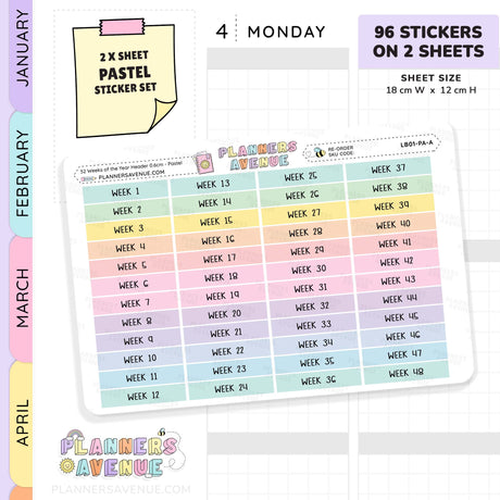 52 Weeks of Year Header Planner Stickers (Set of 2 sheets)