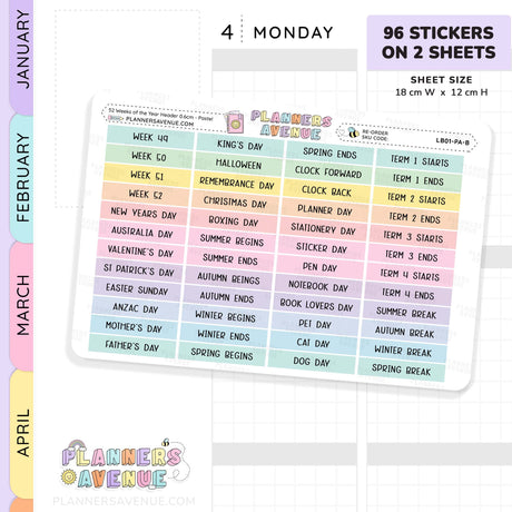 52 Weeks of Year Header Planner Stickers (Set of 2 sheets)