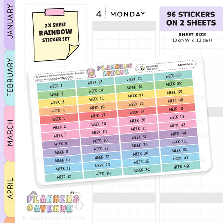 A sticker sheet of 52 Weeks of the Year Header Planner Stickers
